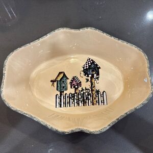 Home & Garden Party Birdhouse  Serving Bowl  Ruffled edge Stoneware Painted VTG